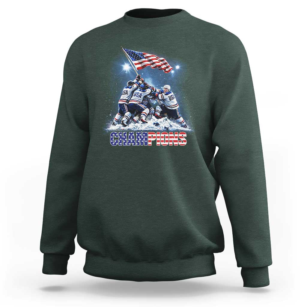 USA Ice Hockey Sweatshirt Hockey Champions 2026 USA Players Raising Flag On Ice