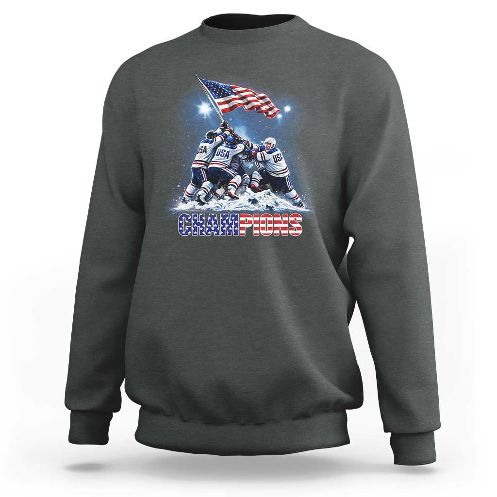 USA Ice Hockey Sweatshirt Hockey Champions 2026 USA Players Raising Flag On Ice