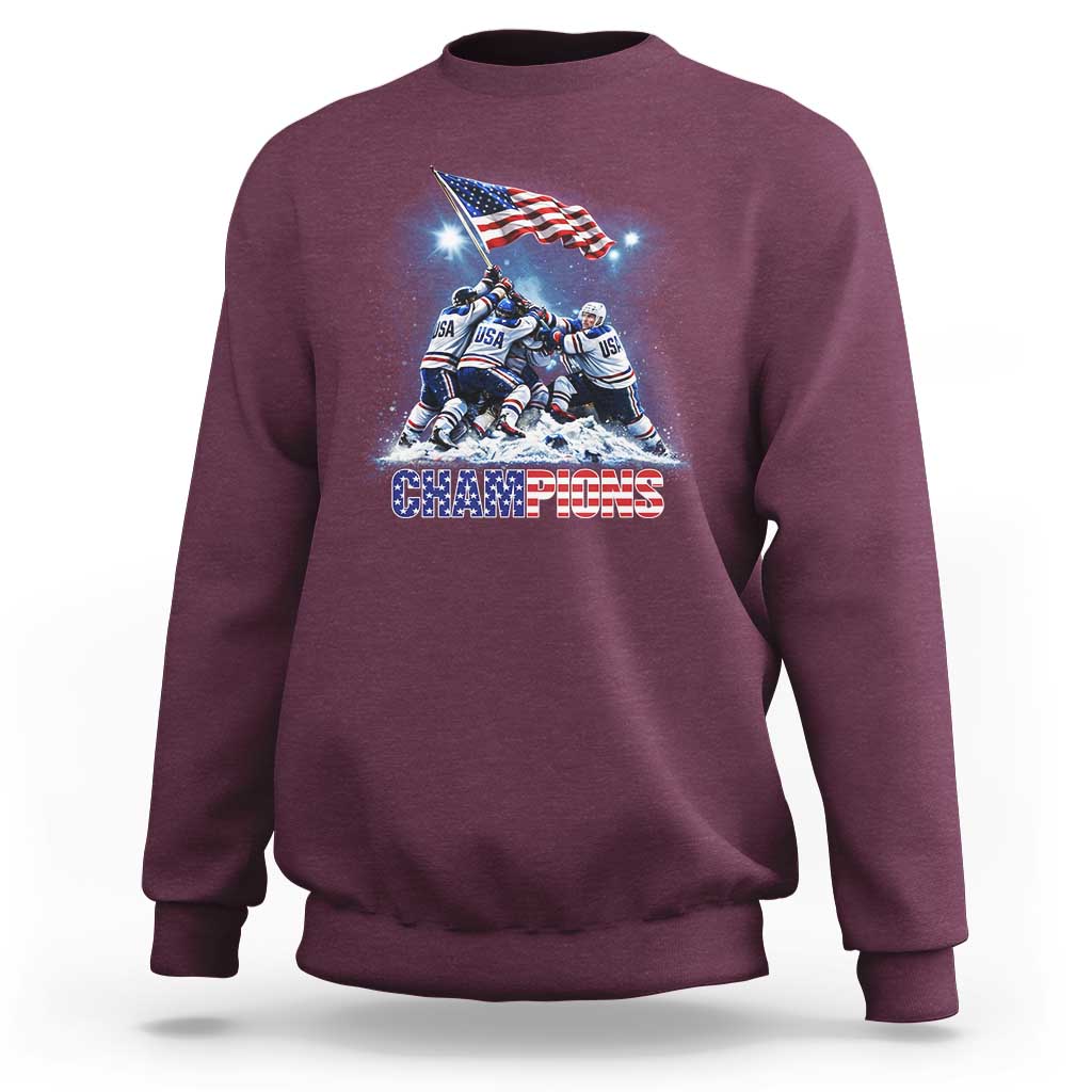 USA Ice Hockey Sweatshirt Hockey Champions 2026 USA Players Raising Flag On Ice