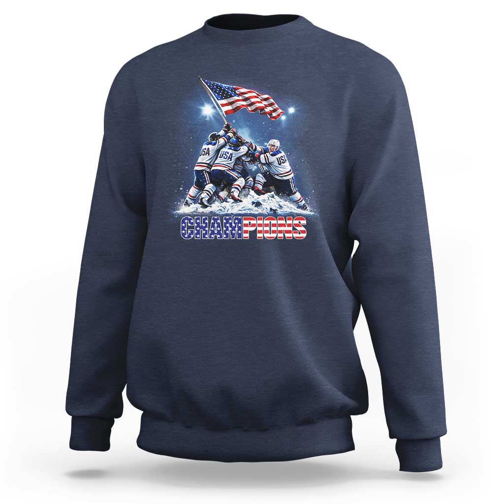 USA Ice Hockey Sweatshirt Hockey Champions 2026 USA Players Raising Flag On Ice