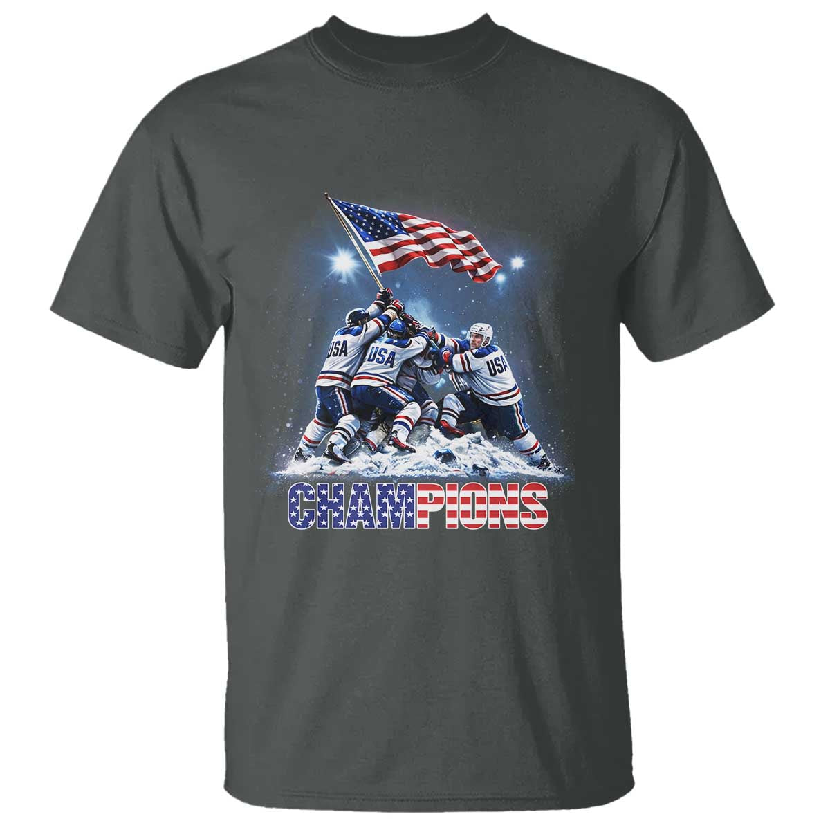 USA Ice Hockey T Shirt Hockey Champions 2026 USA Players Raising Flag On Ice