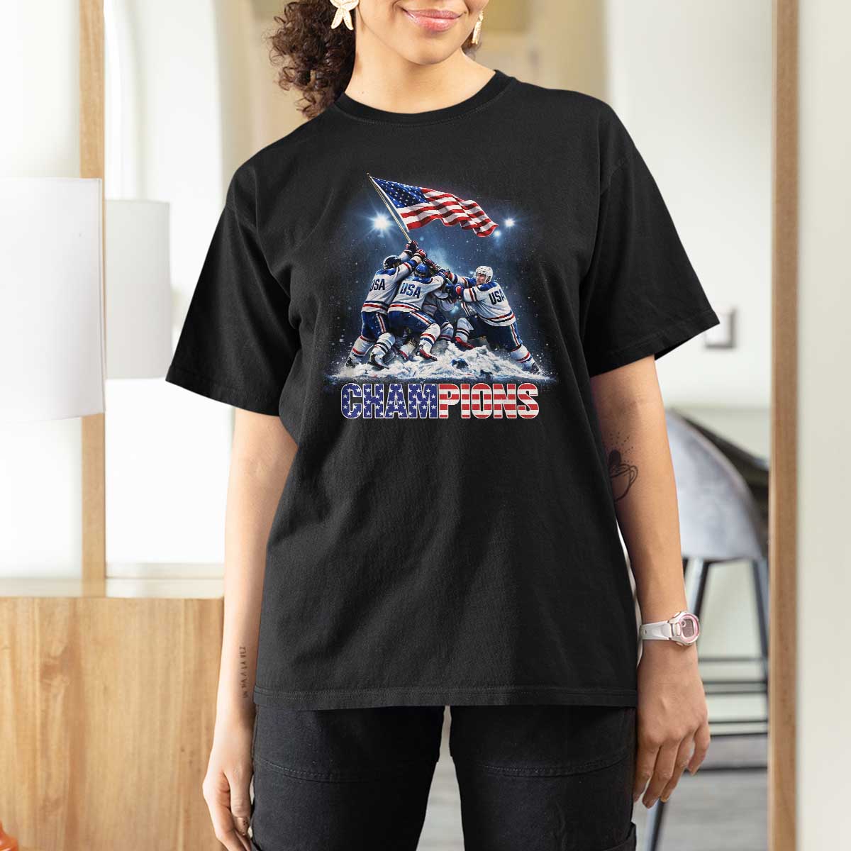 USA Ice Hockey T Shirt For Women Hockey Champions 2026 USA Players Raising Flag On Ice
