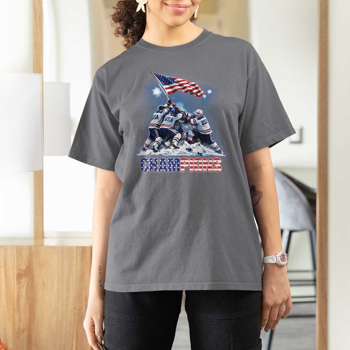 USA Ice Hockey T Shirt For Women Hockey Champions 2026 USA Players Raising Flag On Ice