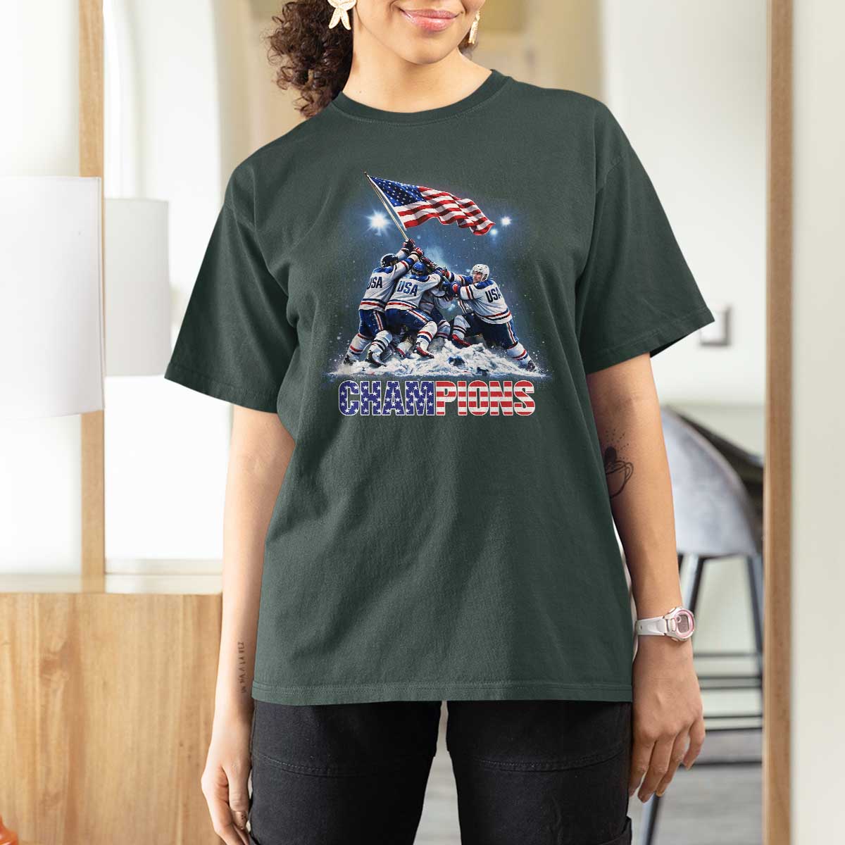 USA Ice Hockey T Shirt For Women Hockey Champions 2026 USA Players Raising Flag On Ice