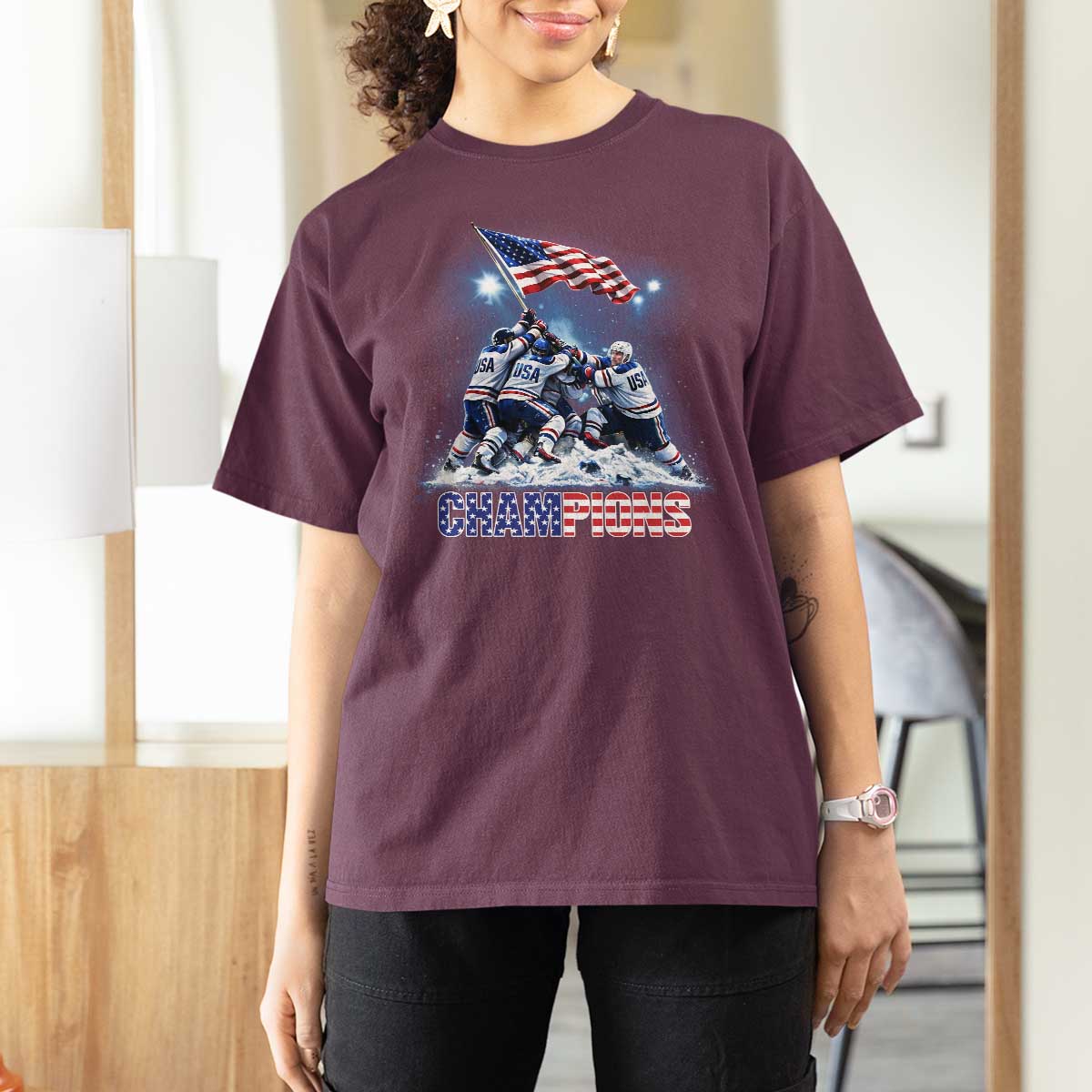 USA Ice Hockey T Shirt For Women Hockey Champions 2026 USA Players Raising Flag On Ice