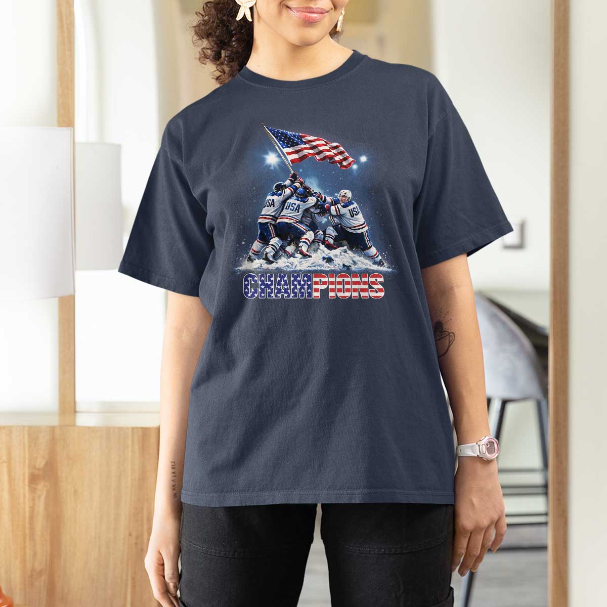 USA Ice Hockey T Shirt For Women Hockey Champions 2026 USA Players Raising Flag On Ice