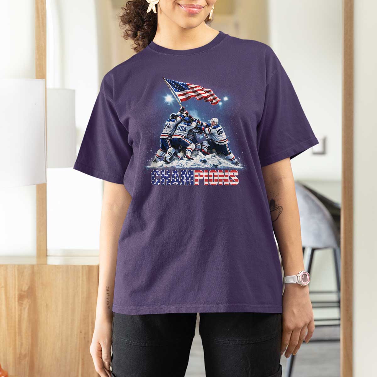 USA Ice Hockey T Shirt For Women Hockey Champions 2026 USA Players Raising Flag On Ice