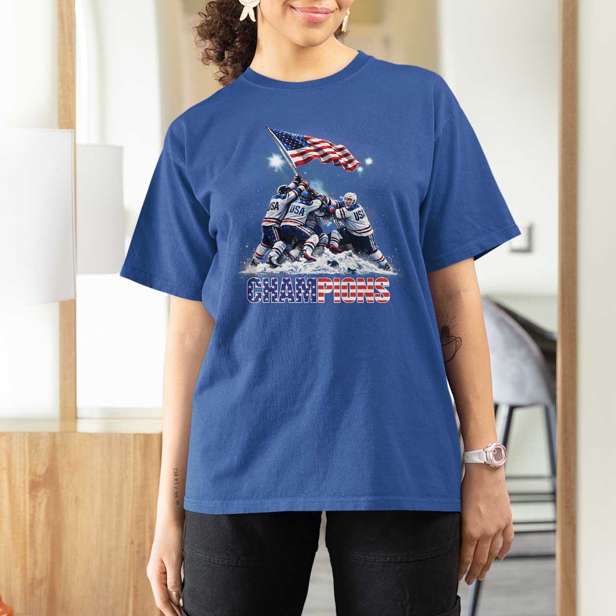 USA Ice Hockey T Shirt For Women Hockey Champions 2026 USA Players Raising Flag On Ice