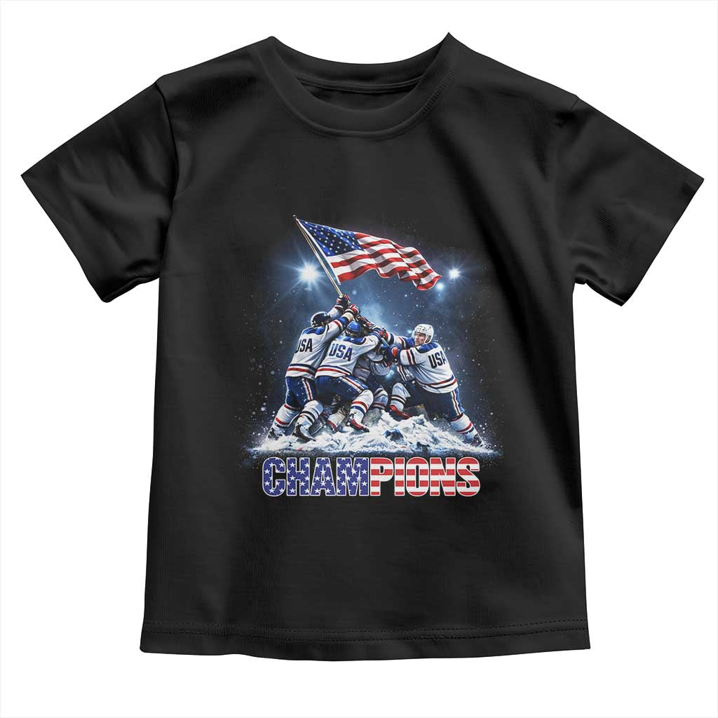 USA Ice Hockey Toddler T Shirt Hockey Champions 2026 USA Players Raising Flag On Ice