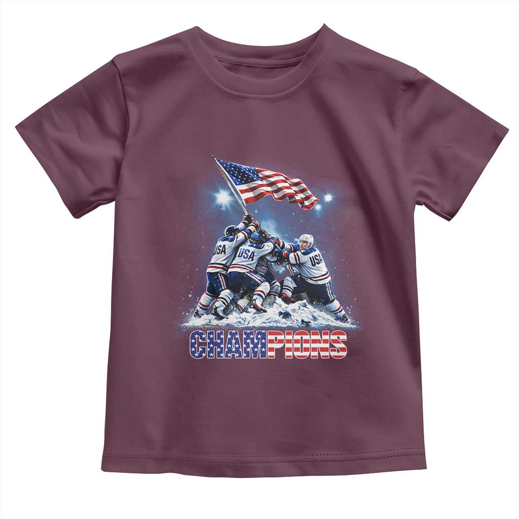 USA Ice Hockey Toddler T Shirt Hockey Champions 2026 USA Players Raising Flag On Ice