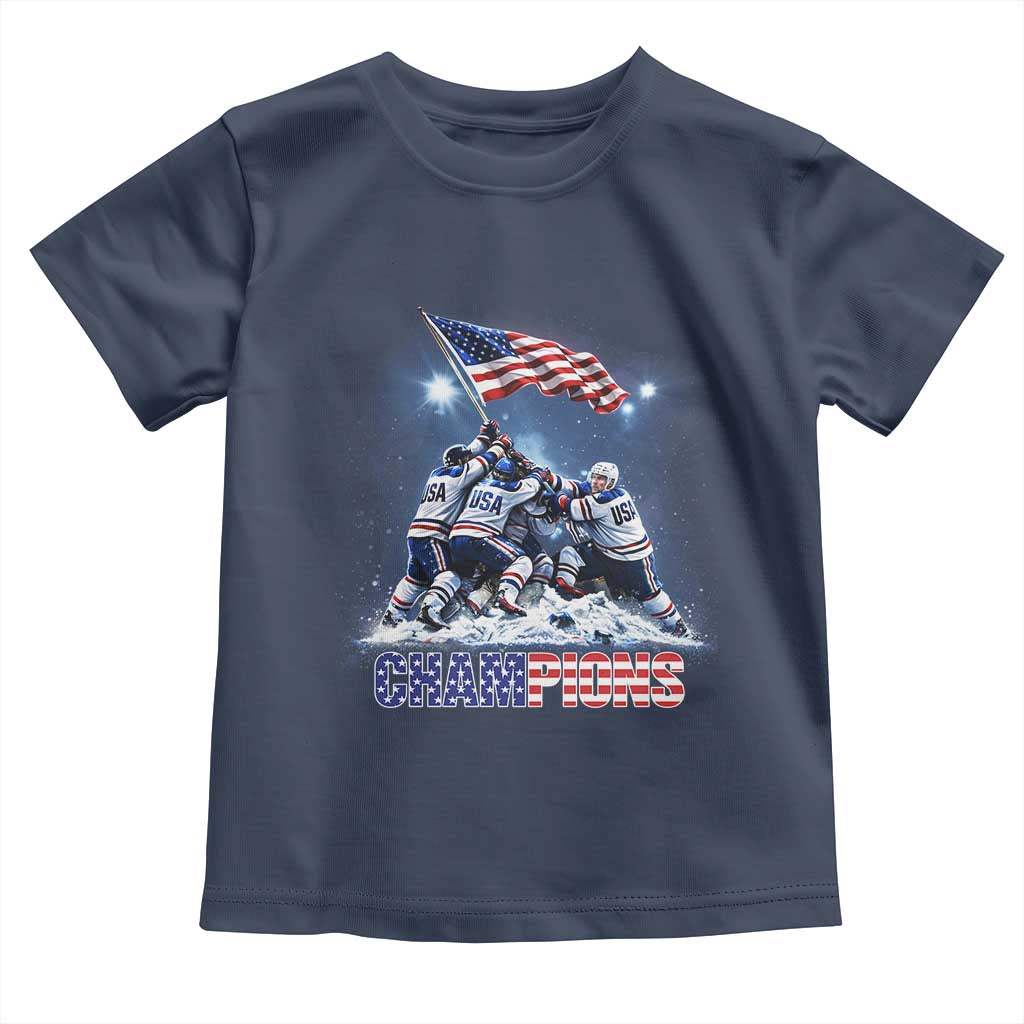USA Ice Hockey Toddler T Shirt Hockey Champions 2026 USA Players Raising Flag On Ice