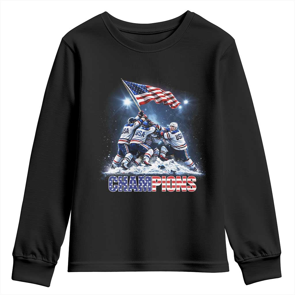 USA Ice Hockey Youth Sweatshirt Hockey Champions 2026 USA Players Raising Flag On Ice