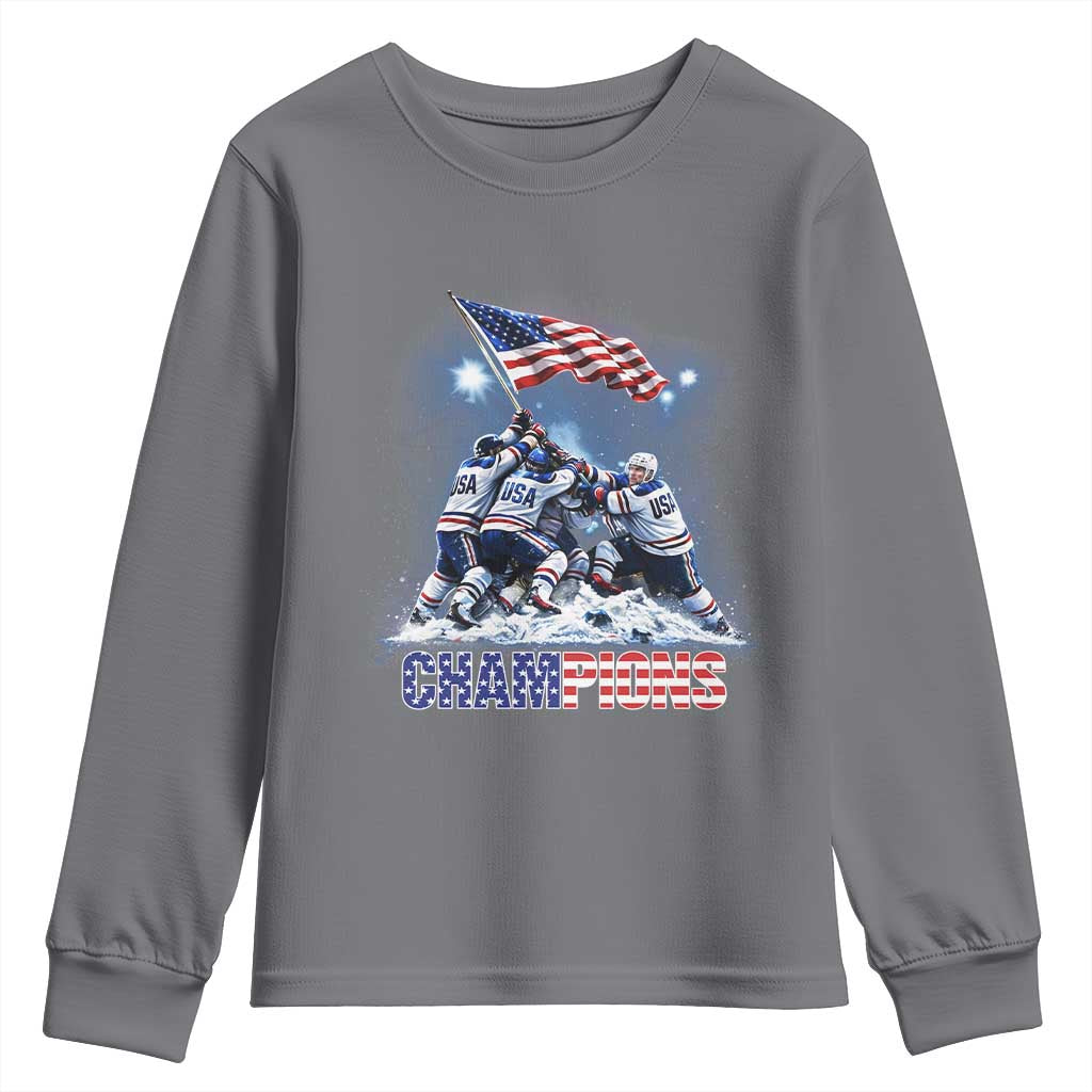 USA Ice Hockey Youth Sweatshirt Hockey Champions 2026 USA Players Raising Flag On Ice