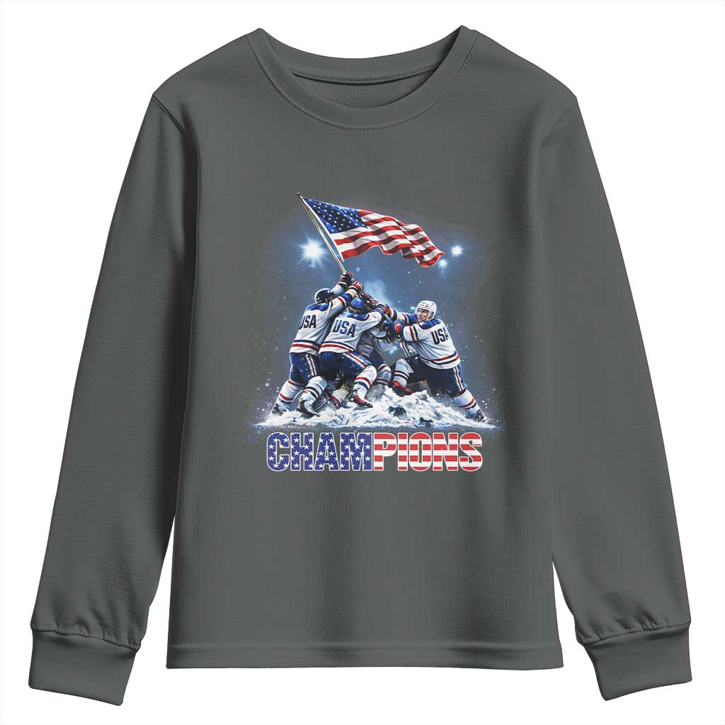 USA Ice Hockey Youth Sweatshirt Hockey Champions 2026 USA Players Raising Flag On Ice