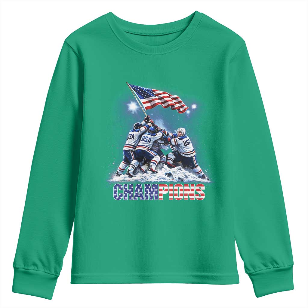 USA Ice Hockey Youth Sweatshirt Hockey Champions 2026 USA Players Raising Flag On Ice