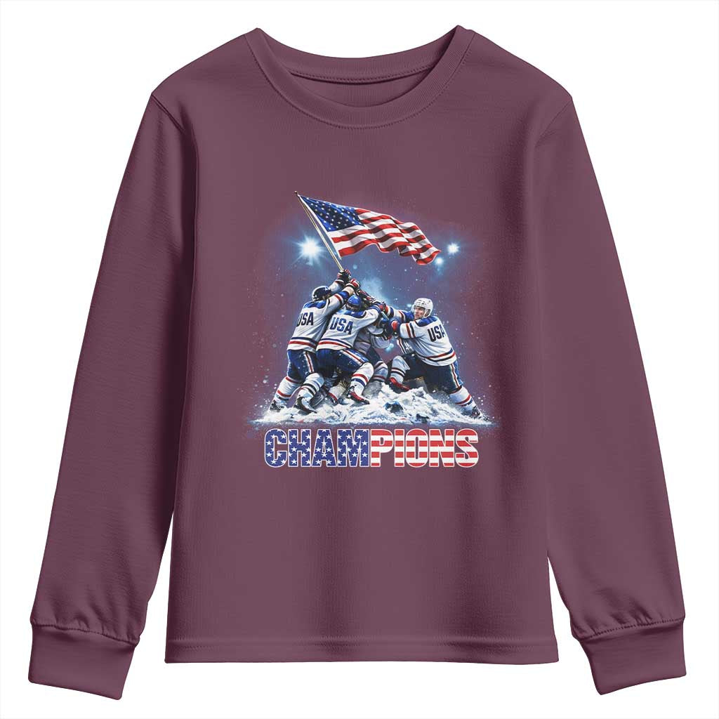USA Ice Hockey Youth Sweatshirt Hockey Champions 2026 USA Players Raising Flag On Ice