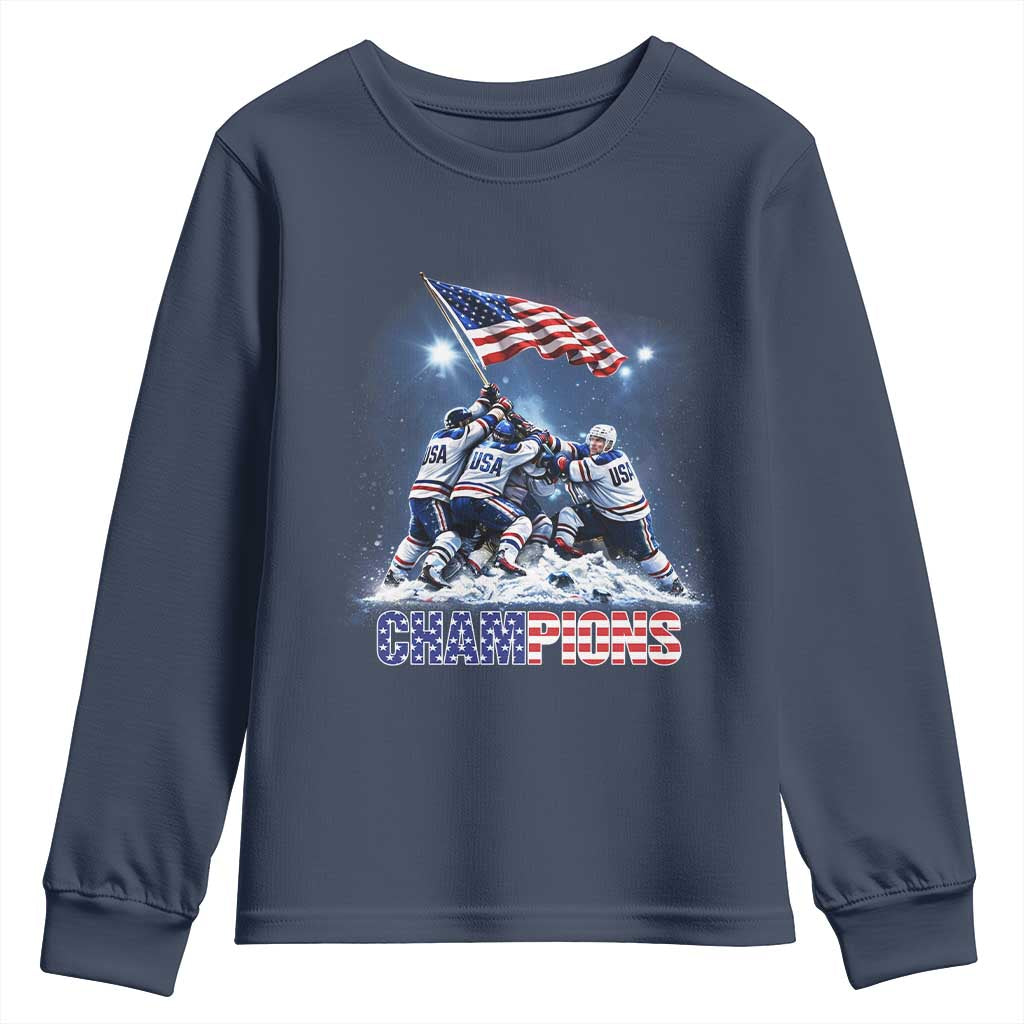 USA Ice Hockey Youth Sweatshirt Hockey Champions 2026 USA Players Raising Flag On Ice