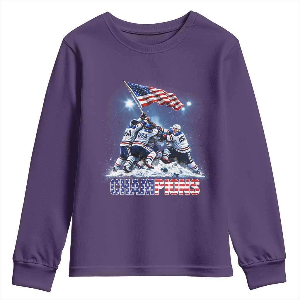 USA Ice Hockey Youth Sweatshirt Hockey Champions 2026 USA Players Raising Flag On Ice