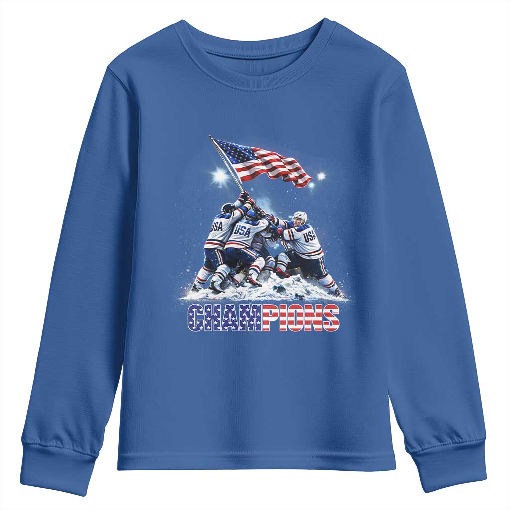 USA Ice Hockey Youth Sweatshirt Hockey Champions 2026 USA Players Raising Flag On Ice