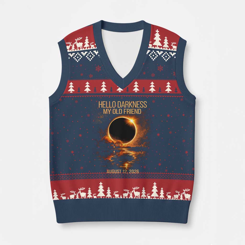 Solar Eclipse 2026 V-Neck Knit Sweater Vest Hello Darkness 12 August 2026 Totality Gift