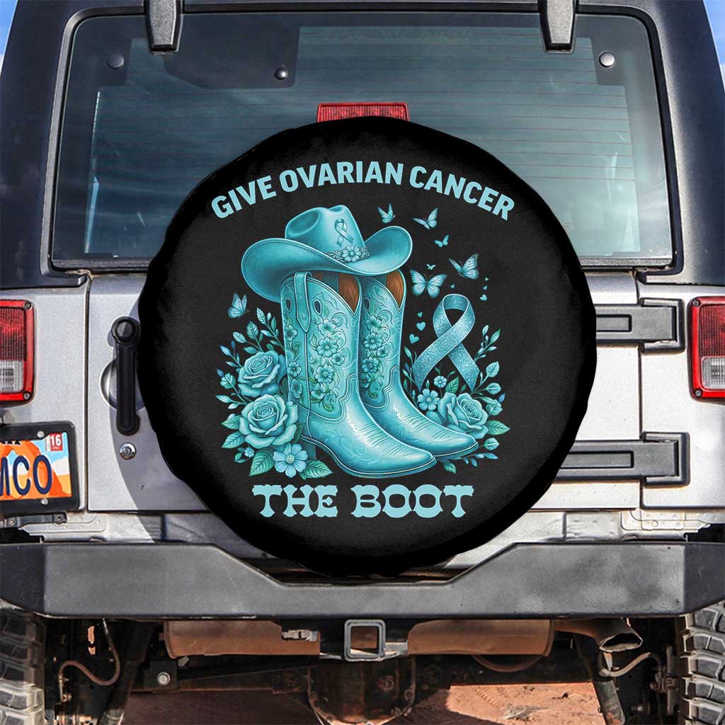 Give Ovarian Cancer The Boot Spare Tire Cover Cowgirl Cancer Awareness Teal Ribbon