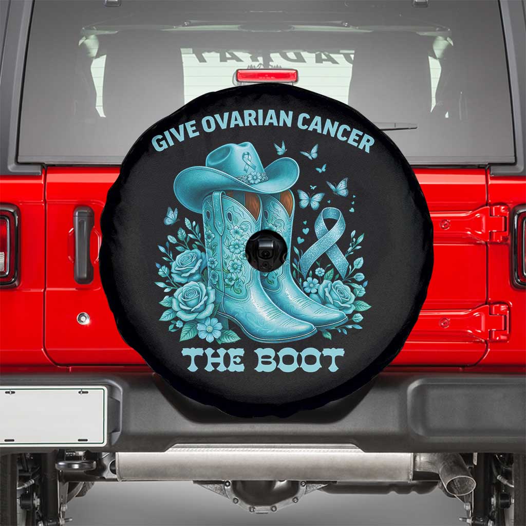 Give Ovarian Cancer The Boot Spare Tire Cover Cowgirl Cancer Awareness Teal Ribbon