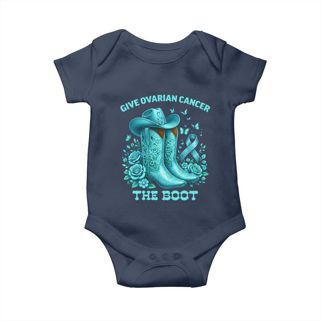 Give Ovarian Cancer The Boot Baby Onesie Cowgirl Cancer Awareness Teal Ribbon