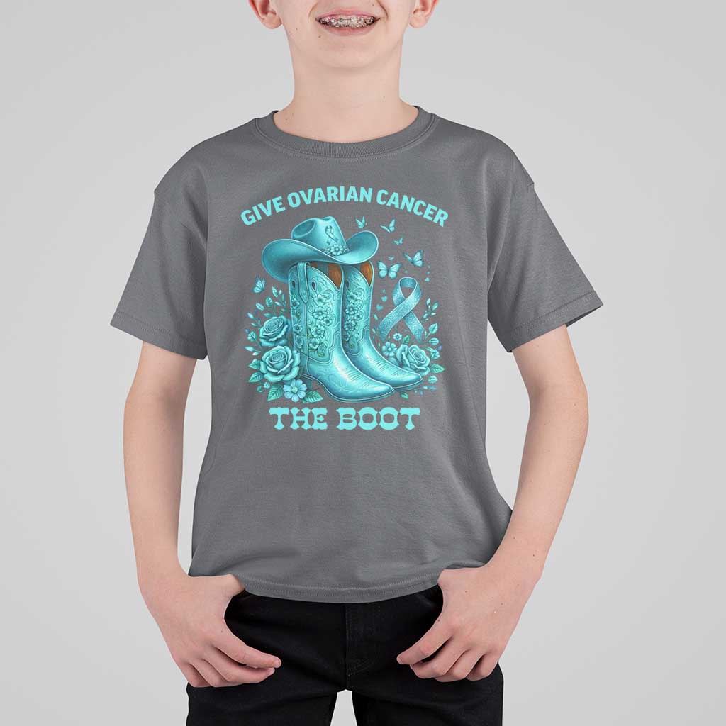 Give Ovarian Cancer The Boot T Shirt For Kid Cowgirl Cancer Awareness Teal Ribbon