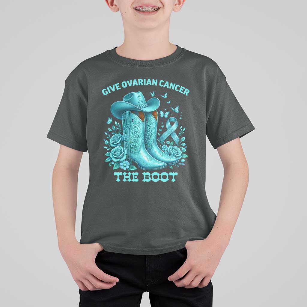 Give Ovarian Cancer The Boot T Shirt For Kid Cowgirl Cancer Awareness Teal Ribbon