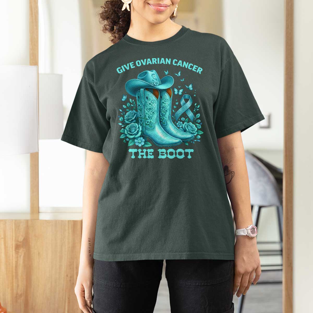 Give Ovarian Cancer The Boot T Shirt For Women Cowgirl Cancer Awareness Teal Ribbon
