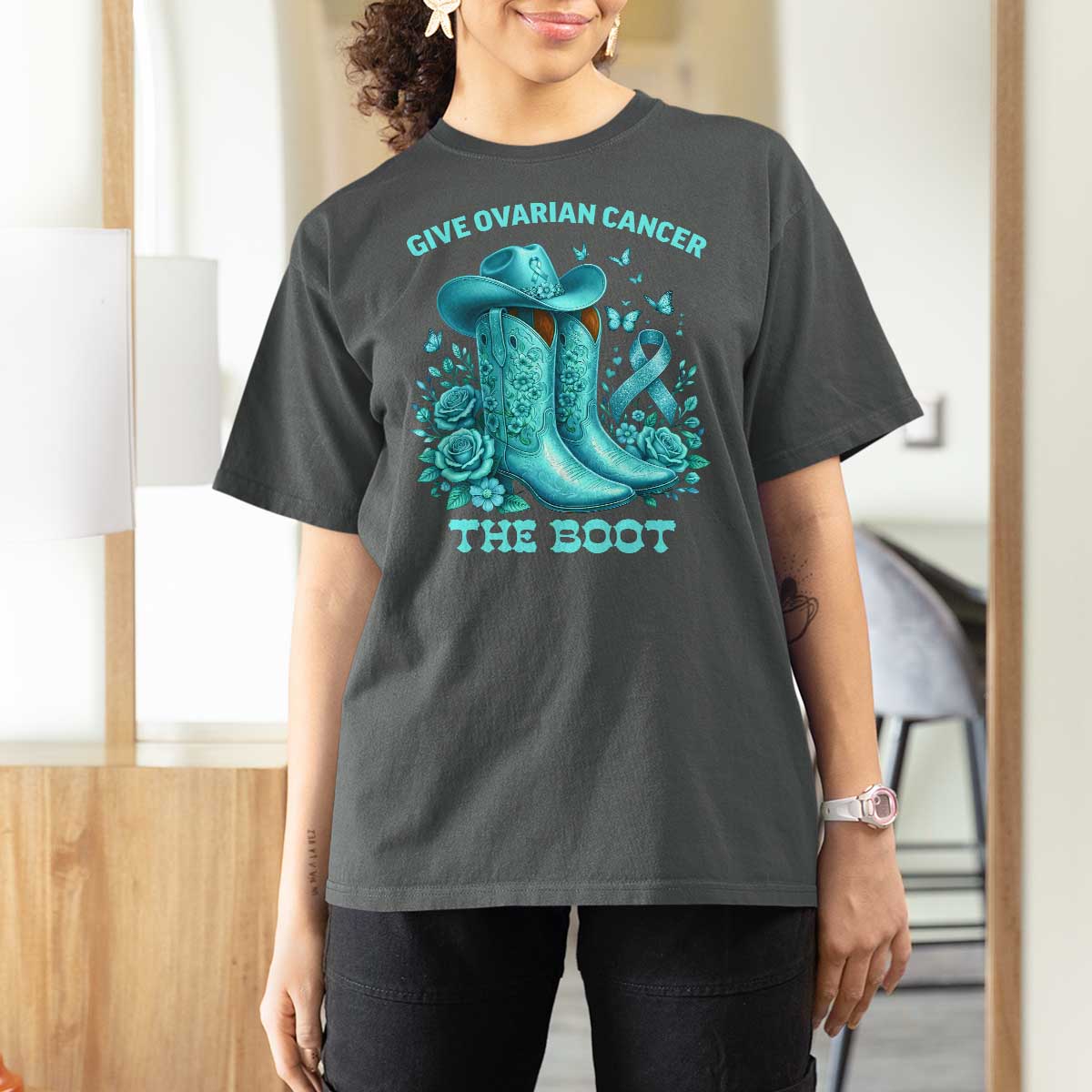Give Ovarian Cancer The Boot T Shirt For Women Cowgirl Cancer Awareness Teal Ribbon