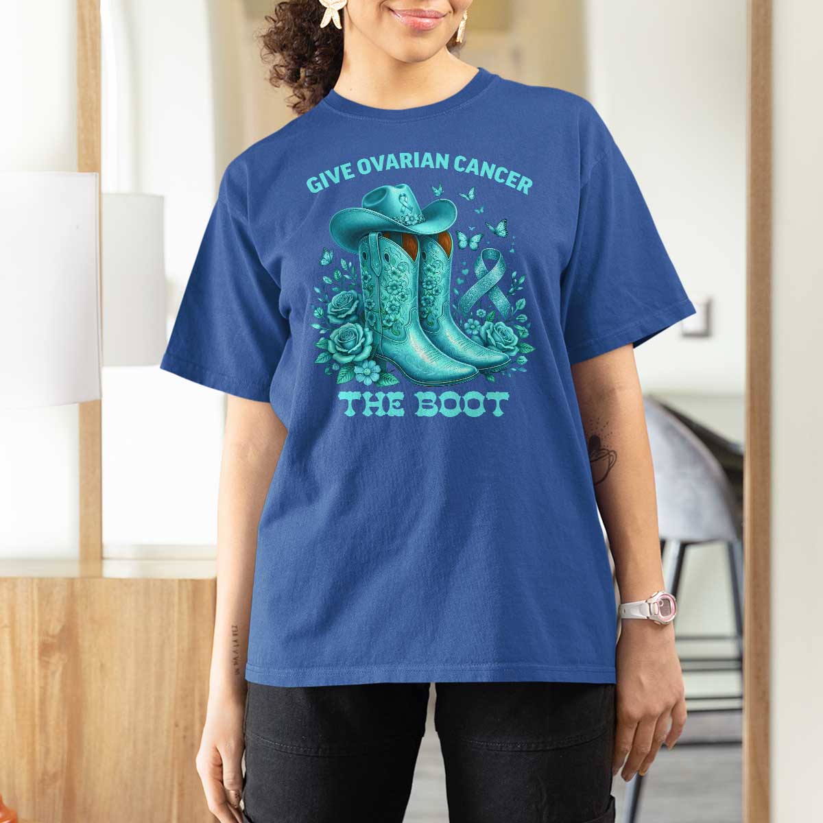 Give Ovarian Cancer The Boot T Shirt For Women Cowgirl Cancer Awareness Teal Ribbon