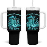 Give Ovarian Cancer The Boot Tumbler With Handle Cowgirl Cancer Awareness Teal Ribbon