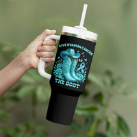 Give Ovarian Cancer The Boot Tumbler With Handle Cowgirl Cancer Awareness Teal Ribbon