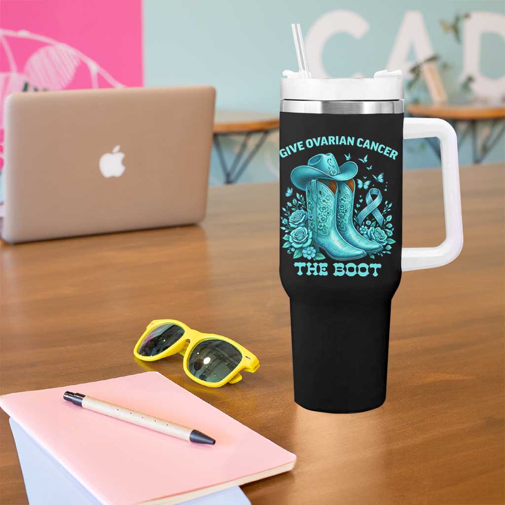 Give Ovarian Cancer The Boot Tumbler With Handle Cowgirl Cancer Awareness Teal Ribbon