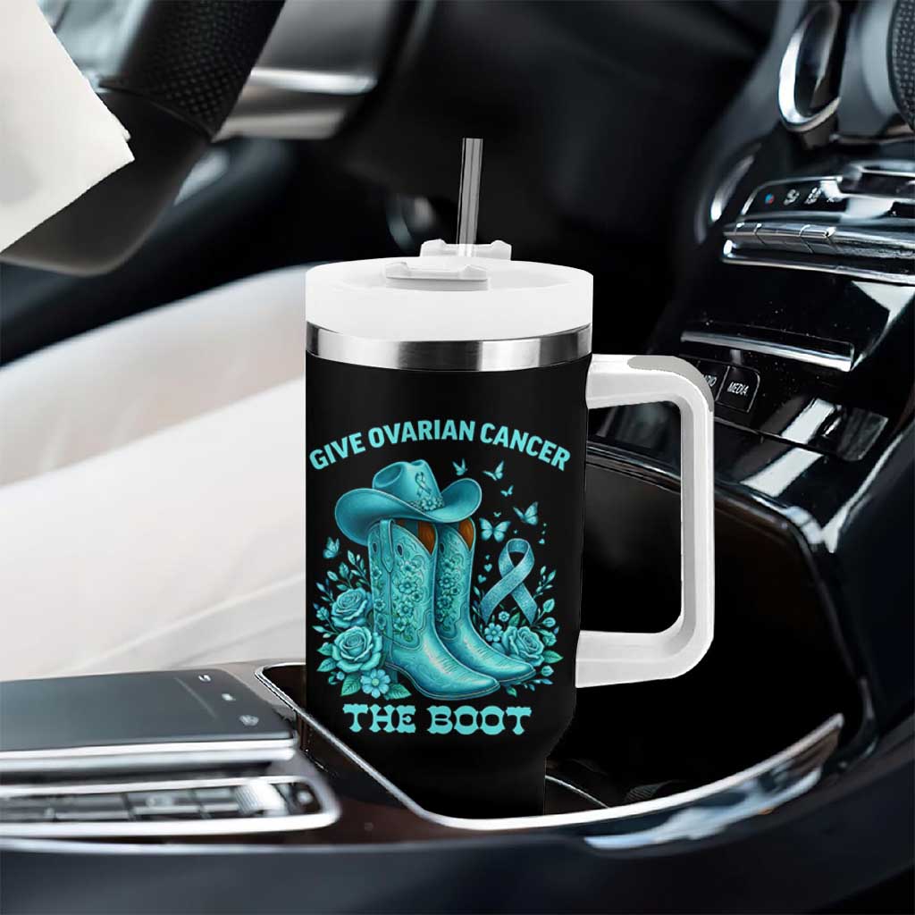 Give Ovarian Cancer The Boot Tumbler With Handle Cowgirl Cancer Awareness Teal Ribbon