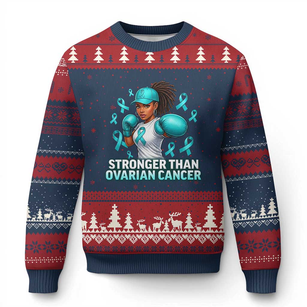 Black Women Fight Ovarian Cancer Awareness Ugly Christmas Sweater African American Teal Ribbon Support