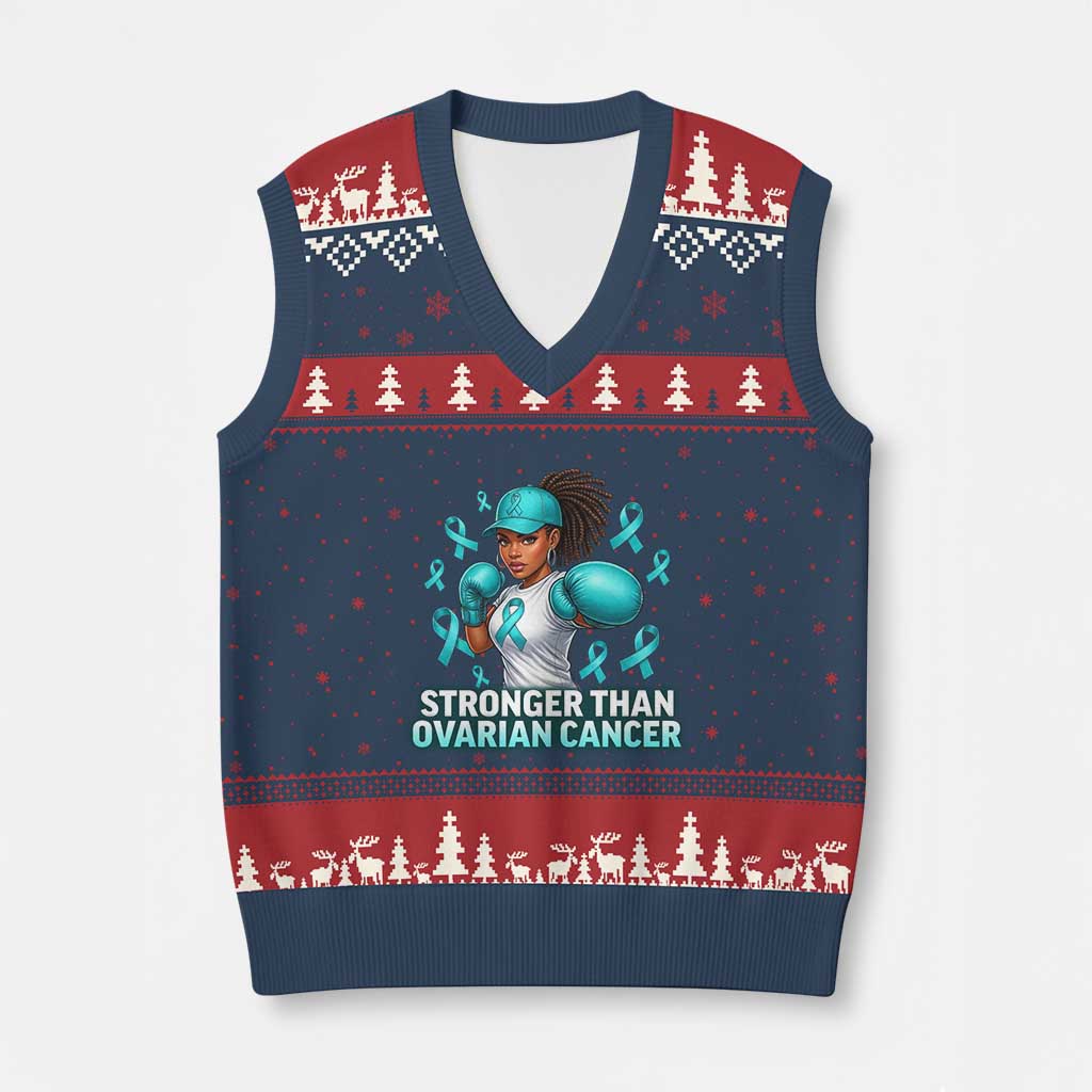 Black Women Fight Ovarian Cancer Awareness V-Neck Knit Sweater Vest African American Teal Ribbon Support