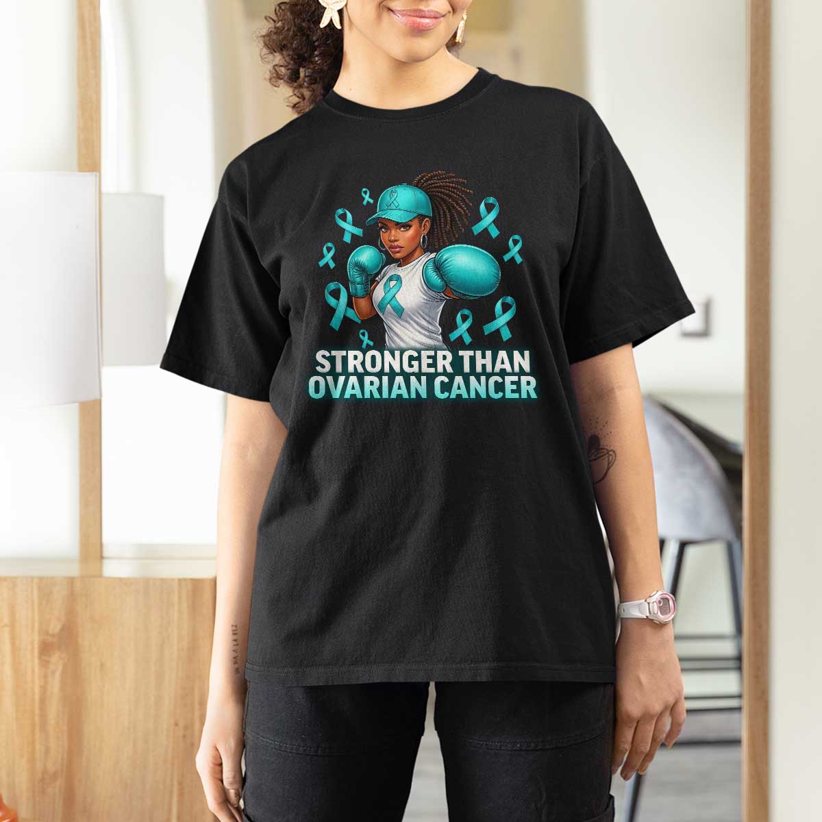 Black Women Fight Ovarian Cancer Awareness T Shirt For Women African American Teal Ribbon Support