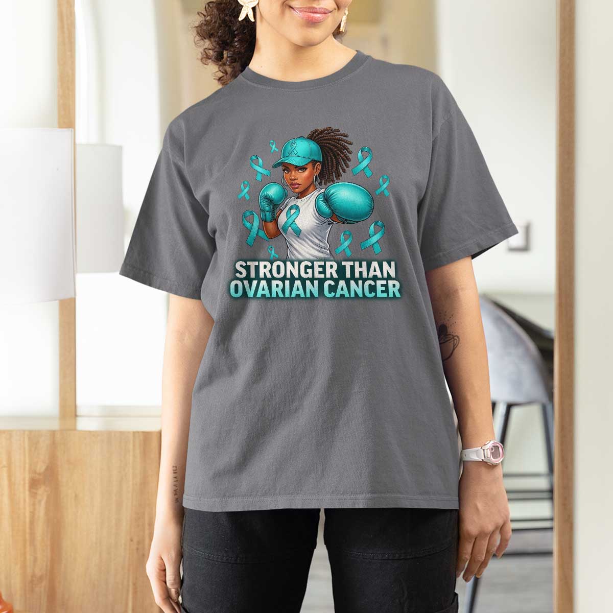 Black Women Fight Ovarian Cancer Awareness T Shirt For Women African American Teal Ribbon Support