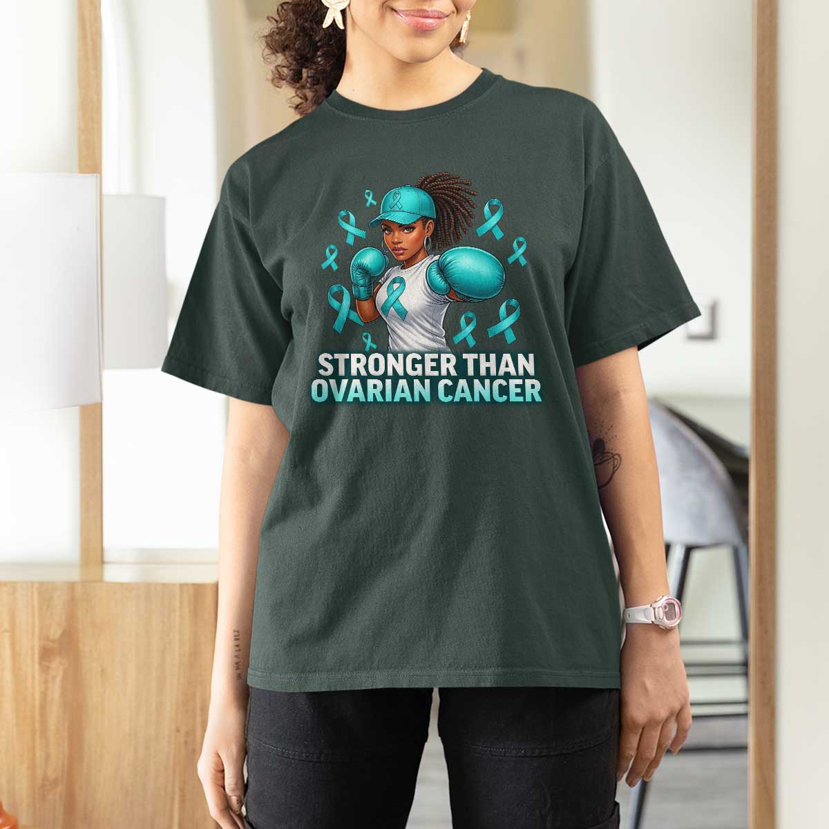 Black Women Fight Ovarian Cancer Awareness T Shirt For Women African American Teal Ribbon Support