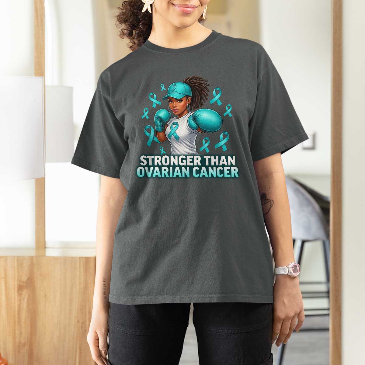 Black Women Fight Ovarian Cancer Awareness T Shirt For Women African American Teal Ribbon Support