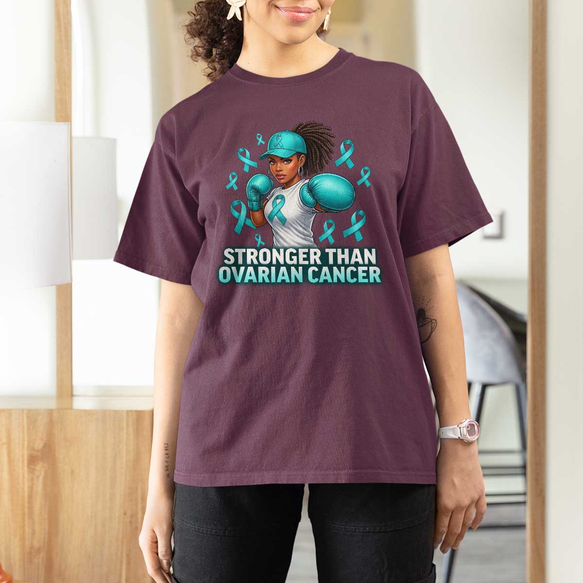Black Women Fight Ovarian Cancer Awareness T Shirt For Women African American Teal Ribbon Support