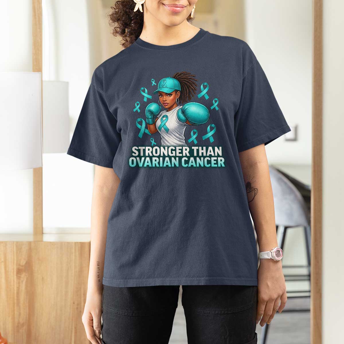 Black Women Fight Ovarian Cancer Awareness T Shirt For Women African American Teal Ribbon Support