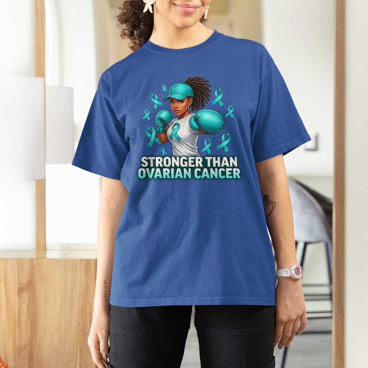 Black Women Fight Ovarian Cancer Awareness T Shirt For Women African American Teal Ribbon Support
