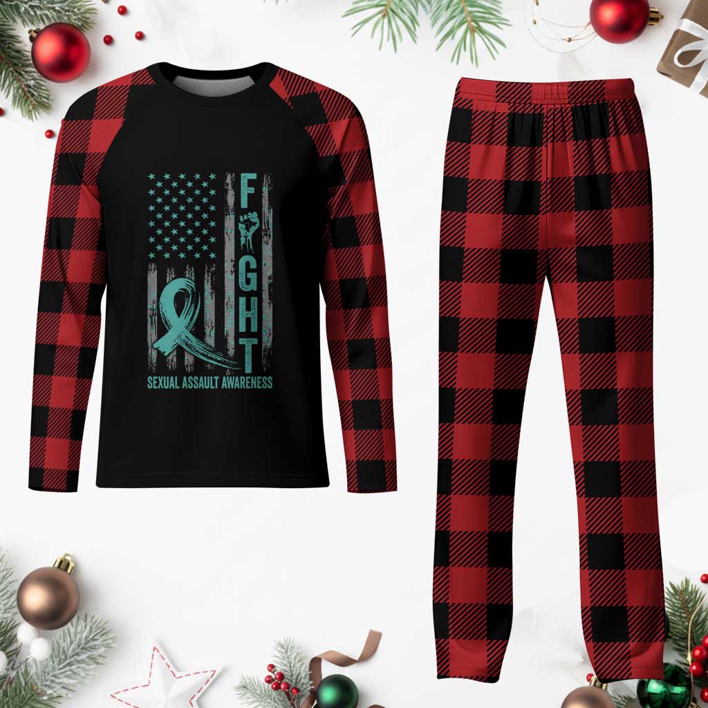 Sexual Assault Awareness Plaid Pajama Set Fight Cancer American Flag Teal Ribbon