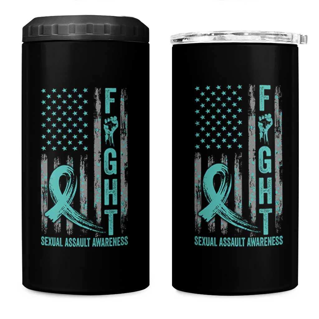 Sexual Assault Awareness 4 in 1 Can Cooler Tumbler Fight Cancer American Flag Teal Ribbon