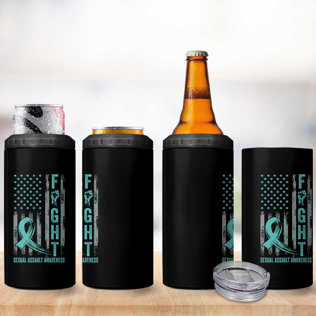 Sexual Assault Awareness 4 in 1 Can Cooler Tumbler Fight Cancer American Flag Teal Ribbon