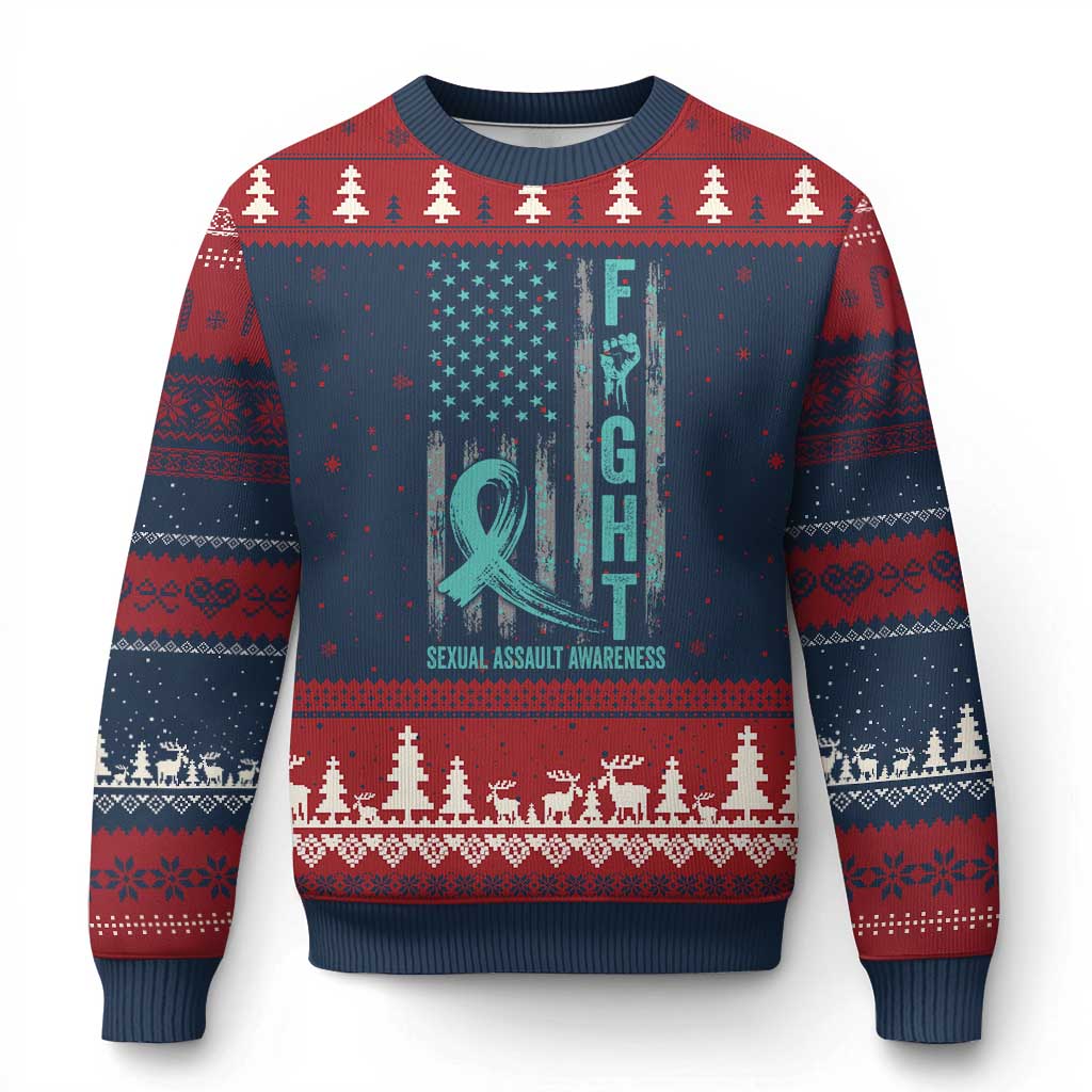 Sexual Assault Awareness Ugly Christmas Sweater Fight Cancer American Flag Teal Ribbon