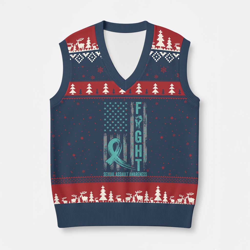Sexual Assault Awareness V-Neck Knit Sweater Vest Fight Cancer American Flag Teal Ribbon